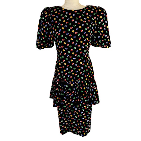 ST. GILLIAN VINTAGE Silk Dress Puff Sleeve V Back Peplum Size 8 Black Floral - Picture 1 of 6